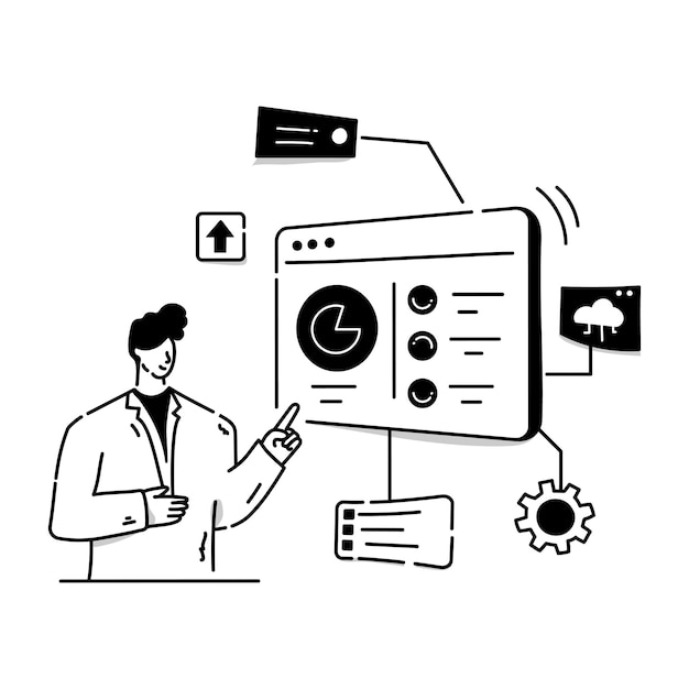 Persona que controla la ilustración de carácter de datos del sitio web de soluciones de software