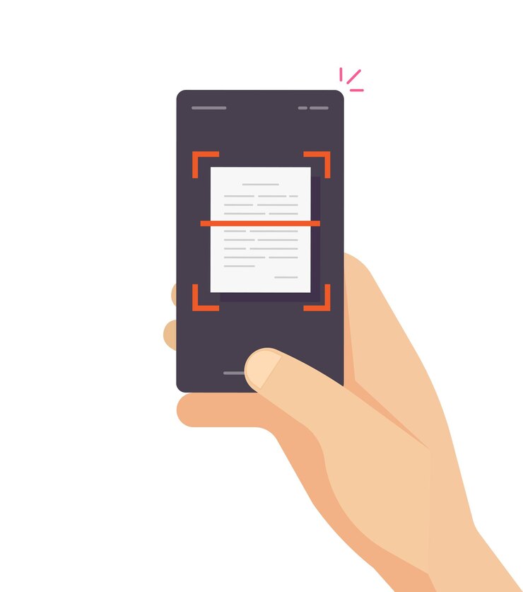 Vector persona que escanea un documento de texto a través del diseño ilustrado del vector de un teléfono celular móvil reconoce el escaneo de la foto del documento en la imagen de la aplicación del teléfono inteligente del teléfono celular