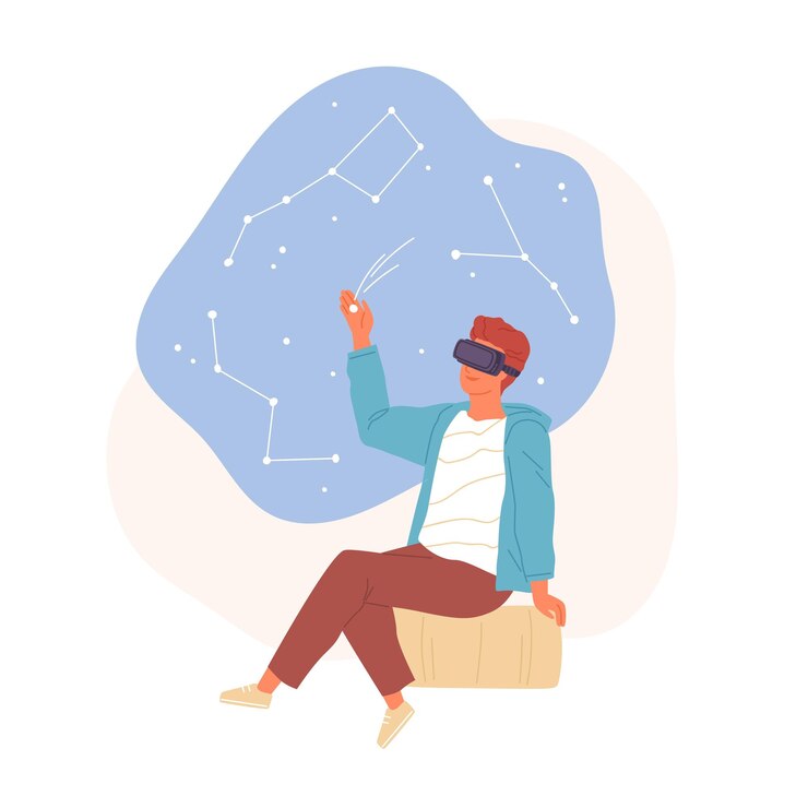 Vector persona que estudia astronomía en realidad virtual usando auriculares vr. educación moderna de adolescentes en gafas de simulación. ilustración de vector de dibujos animados planos coloreados del espacio cibernético aislado sobre fondo blanco.