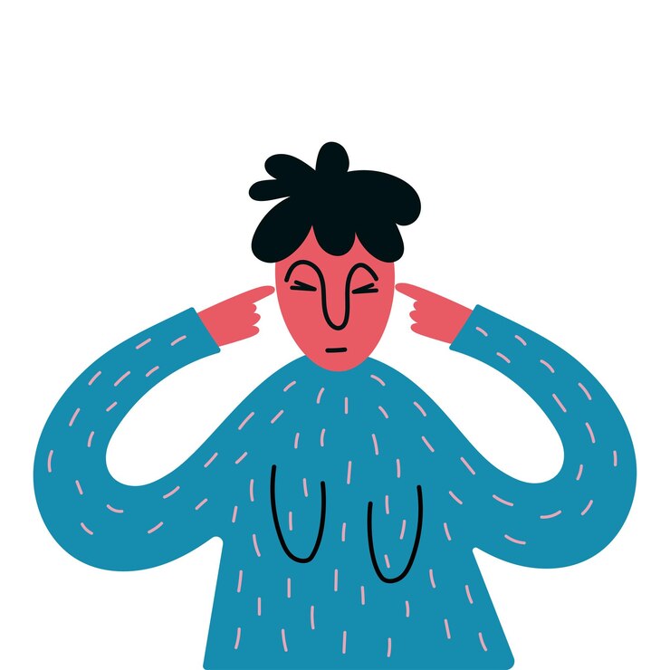 Vector persona que ignora el ruido con los dedos en las orejas diseño sencillo con líneas en negrita y colores vibrantes ilustración vectorial aislada