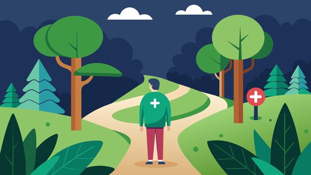 Una persona que navega a través de un bosque con dos caminos distintos uno que conduce a los tratamientos tradicionales