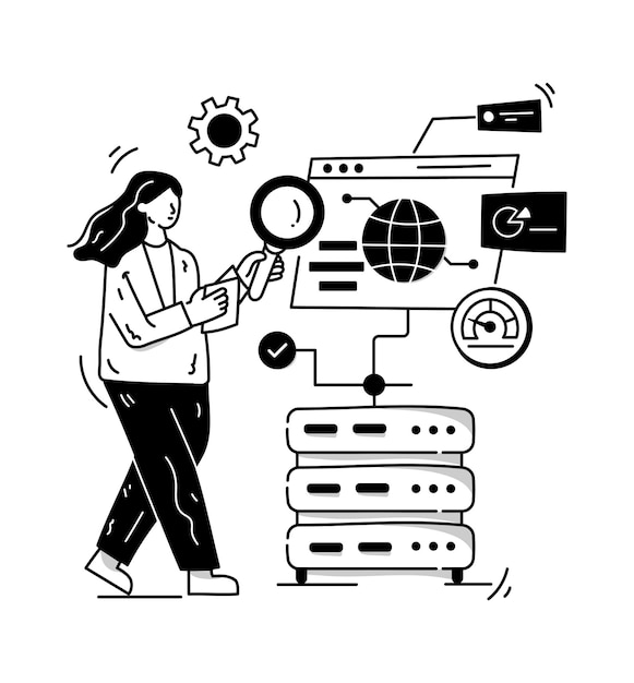 Persona que prueba los datos web dibujados a mano ilustración de la supervisión del servidor