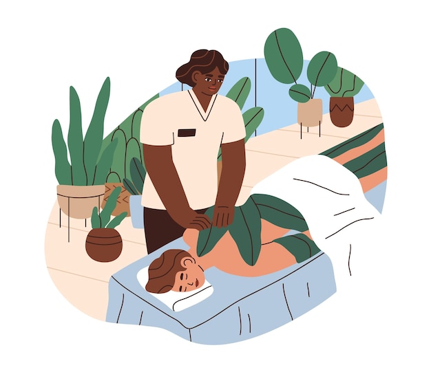 Persona que se relaja en el tratamiento de envoltura de hojas de plátano en el exótico spa y salón de bienestar. procedimiento de cuidado del cuerpo de la selva tropical y recreación en el centro de belleza. ilustración de vector plano aislado sobre fondo blanco.