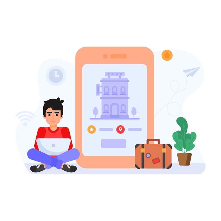 Vector persona que reserva vuelo en línea ilustración plana de la aplicación de viaje