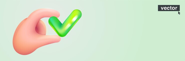 Vector persona que sostiene una marca de verificación verde brillante en su mano ilustración 3d vectorial realista en estilo de dibujos animados
