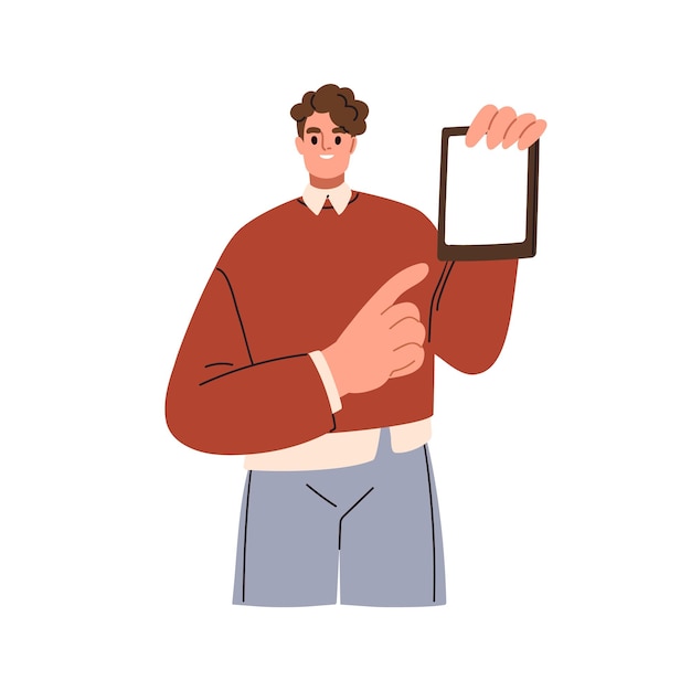 Persona que sostiene la tableta digital en la mano mostrando pantalla en blanco Hombre feliz publicidad apuntando a la pantalla del gadget vacío con el dedo Ilustración vectorial plana aislada sobre fondo blanco