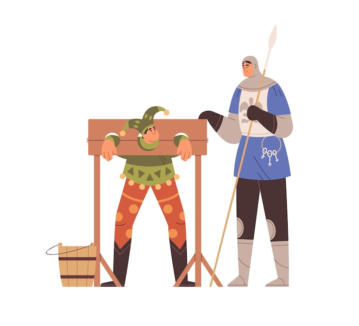 Vector persona que sufre en dispositivo de tortura medieval. torturador ejecutando la humillación, castigando al tonto en la picota. el castigo físico en la edad media. ilustración de vector plano aislado sobre fondo blanco.
