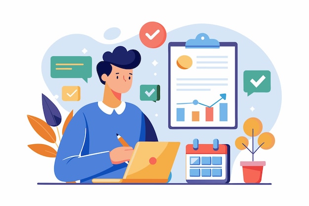 Persona que trabaja en el escritorio con una computadora portátil prepara informes mensuales de datos empresariales Ilustración vectorial plana simple y minimalista