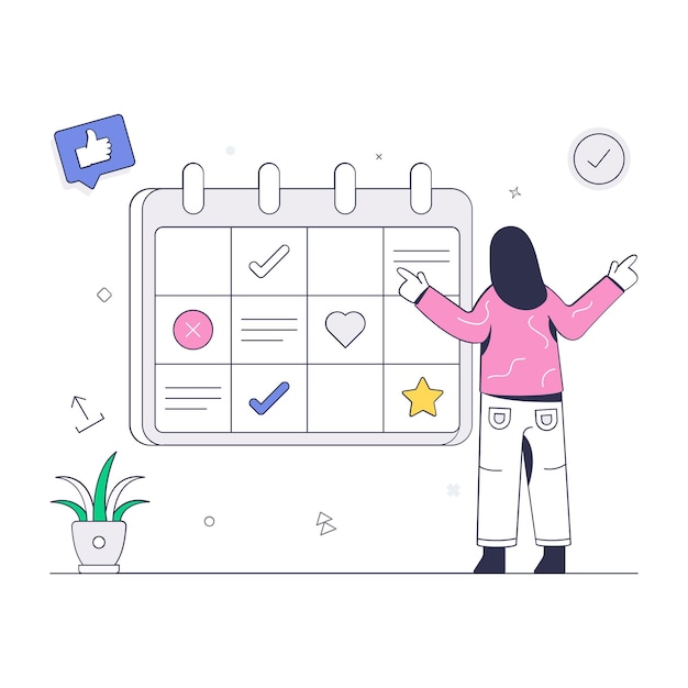Persona que trabaja en horario planificando una ilustración plana con facilidad editable