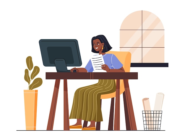 Persona que trabaja en línea mujer sonriente se sienta en el escritorio y trabaja en la computadora independiente productivo o
