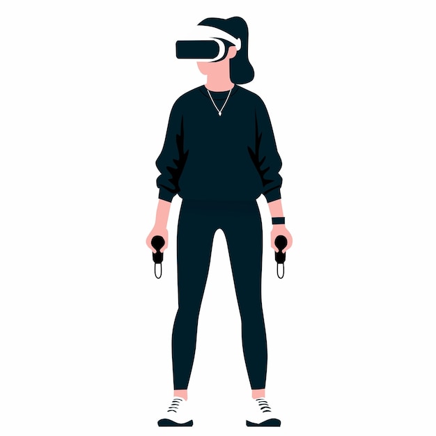 Una persona que usa un auricular de realidad virtual y sostiene controladores que se involucran en la realidad virtual