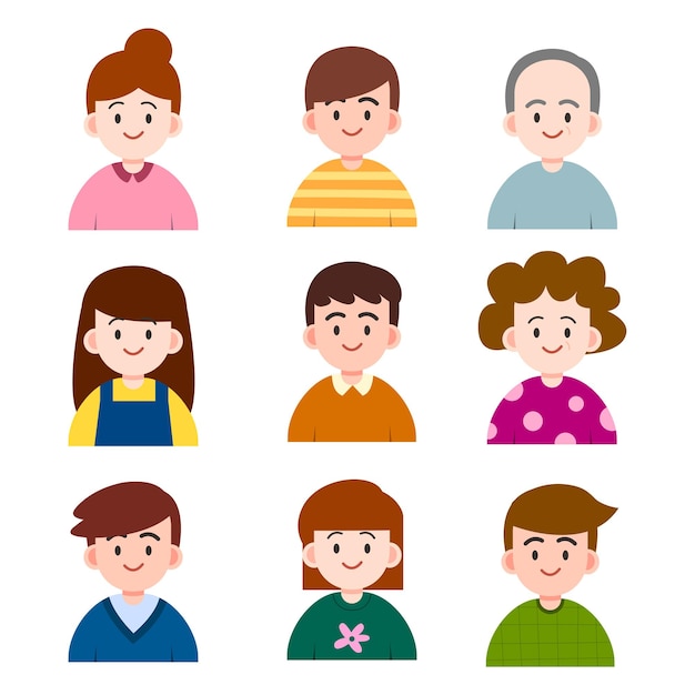 Persona y retrato de personas con varios personajes para ícono de ilustración de avatar y diseño de personajes
