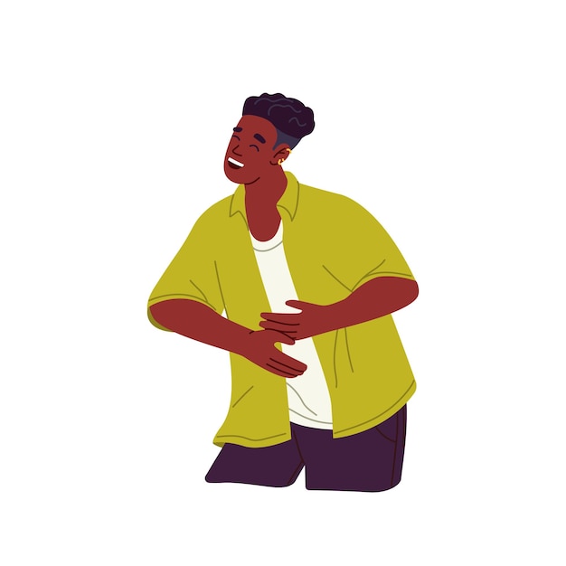 Persona riéndose a carcajadas de la diversión y la alegría sosteniendo el vientre Feliz hombre feliz rugiendo de una carcajada abundante Chico expresando emoción positiva Ilustración vectorial plana coloreada aislada en fondo blanco