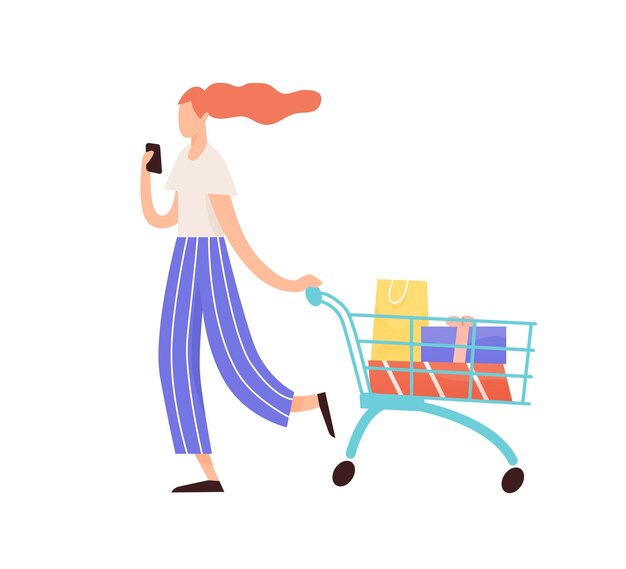 Una persona sin rostro que envía mensajes por teléfono móvil mientras lleva un carrito con bolsas de compras. Mujer con compras y regalos. Ilustración de vector plano de joven consumidor aislado en blanco.