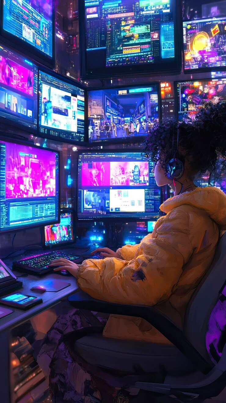 Vector una persona sentada en una computadora rodeada de múltiples pantallas haciendo compras en línea