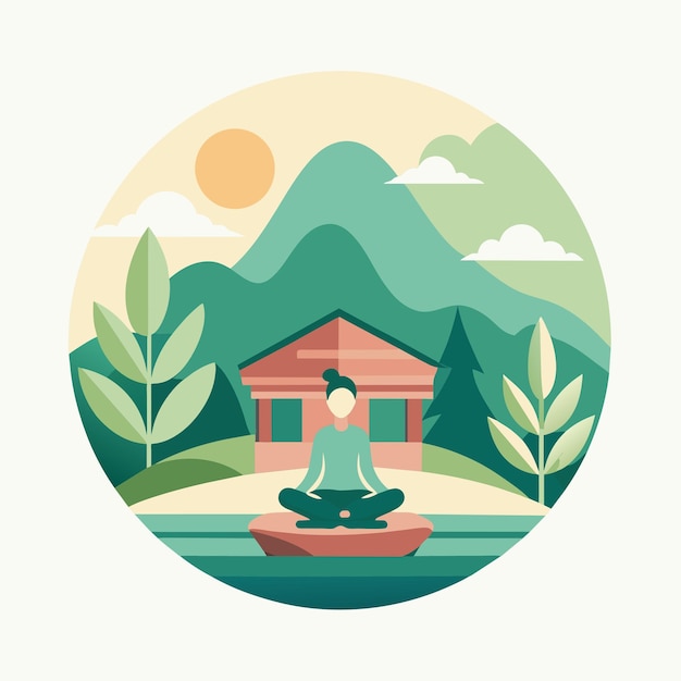 Una persona sentada en una posición de loto frente a una casa un paisaje pacífico con un tranquilo estudio de yoga anidado en la naturaleza