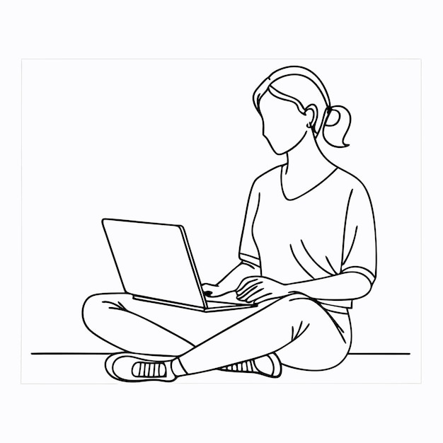 una persona sentada en el suelo con una computadora portátil y un dibujo de una persona en la pantalla