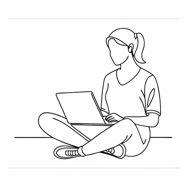 una persona sentada en el suelo con una computadora portátil y un dibujo de una persona en la pantalla
