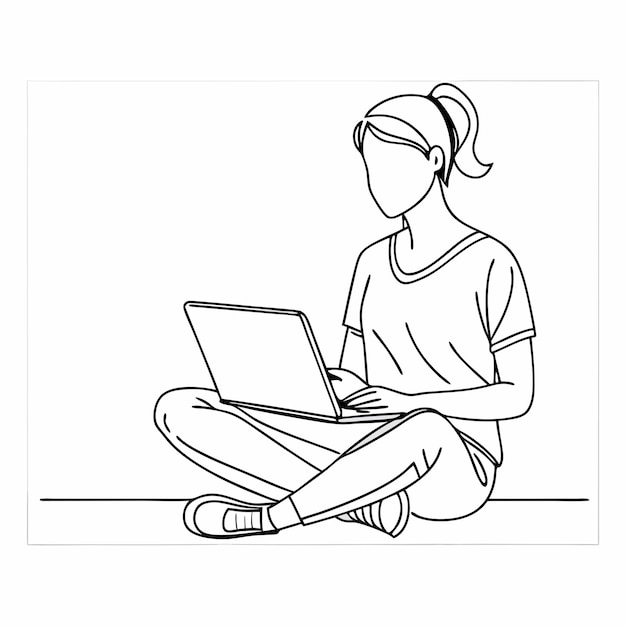 una persona sentada en el suelo con una computadora portátil y un dibujo de una persona en la pantalla
