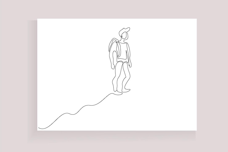Vector persona del sexo masculino solo en la naturaleza mochila cumbre geniales estar de pie arte lineal