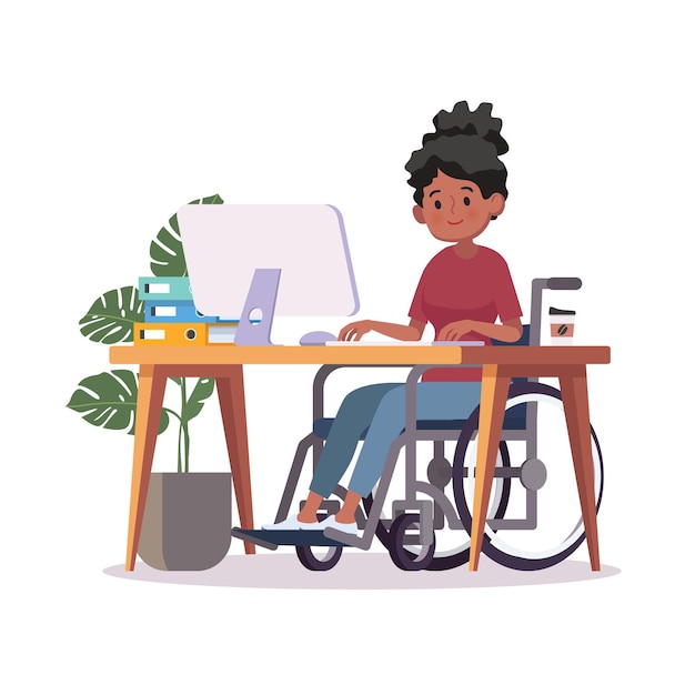 Persona en silla de ruedas que trabaja en el escritorio de la computadora en la oficina en casa