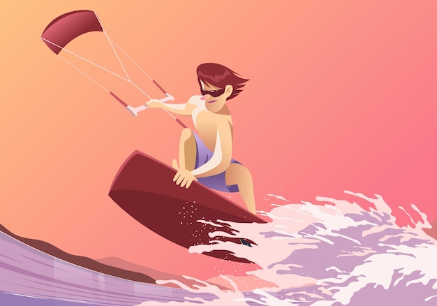 Una persona sobre una tabla de surf con una cometa en el aire.