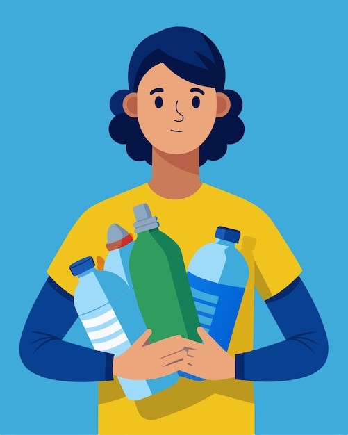 Una persona sosteniendo una botella de agua reutilizable con pilas de botellas de plástico de un solo uso en el fondo