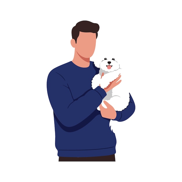 Persona sosteniendo un perro blanco esponjoso en un estilo de ilustración vectorial plano