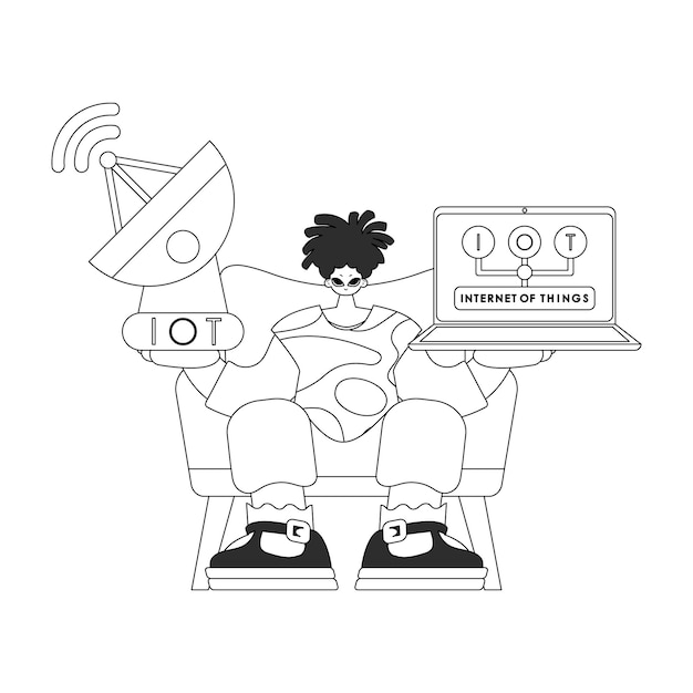 La persona sostiene la antena y la computadora portátil para trabajar con el diseño de vectores lineales de datos de IoT