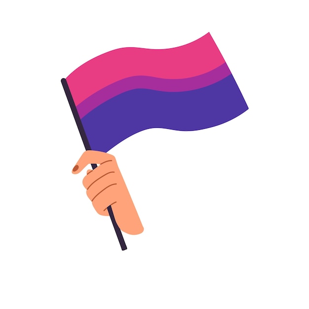 Persona sostiene una bandera bisexual en la mano en el desfile del mes del Orgullo Personaje agitando un arco iris LGBT de orientación sexual no binaria en una demostración Ilustración vectorial aislada plana en fondo blanco