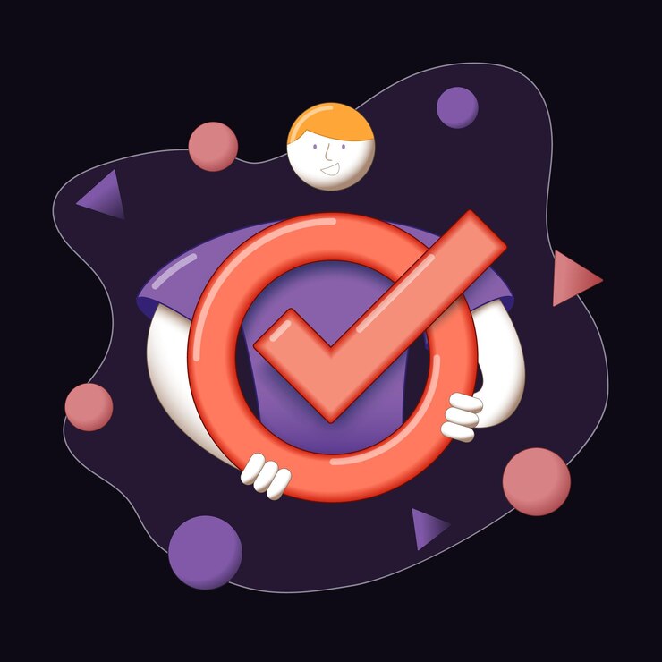 Vector una persona sostiene en sus manos un ícono redondo con una marca de verificación de un problema resuelto en un fondo oscuro