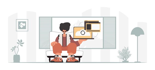 La persona sostiene una tableta que está sincronizada con la capacidad de información Ilustración vectorial de estilo moderno