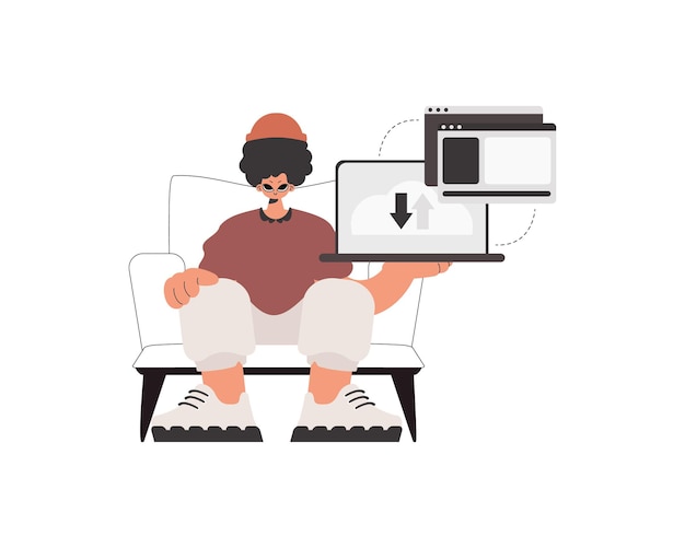 La persona sostiene una tableta en la que se está sincronizando la información obligada Ilustración vectorial de estilo de moda