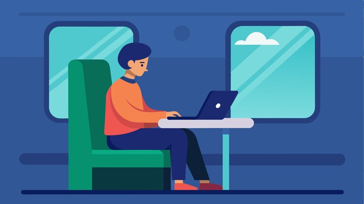 Vector una persona con su computadora portátil en el regazo apoyado contra la ventana para un escritorio improvisado en