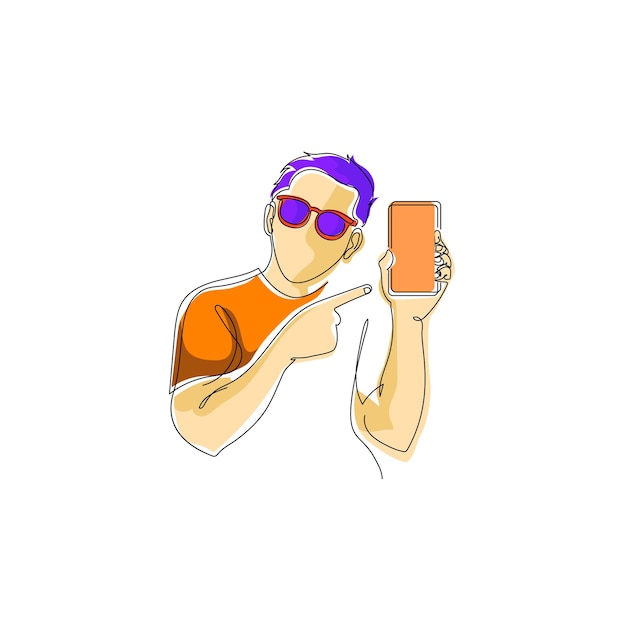 Vector persona con teléfono móvil mensaje importante en la pantalla teléfono celular con aplicaciones en la mano botón de presión con el dedo imagen vectorial de color brillante objeto único