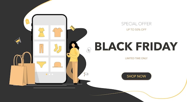 Persona con teléfono móvil y paquetes en Black Friday en diseño plano