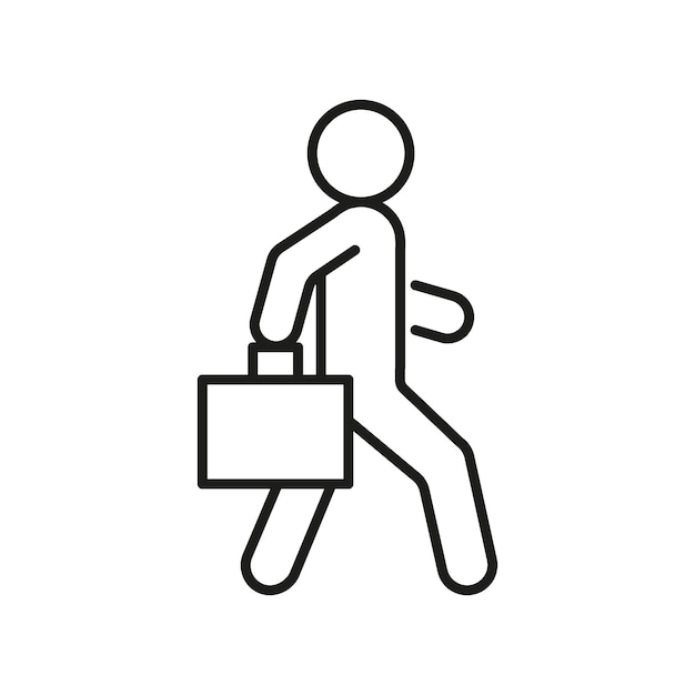 La persona va a trabajar con el icono de la línea de la maleta El hombre camina el viaje de vacaciones con la bolsa Signo de contorno vectorial