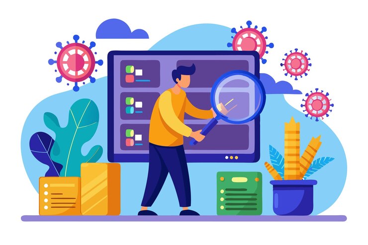 Vector una persona usa una lupa para encontrar virus en el almacenamiento digital mientras está rodeada de iconos de datos y gráficos encuentra virus en el almacenamiento usando una ilustración plana