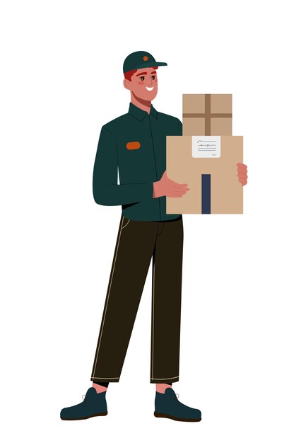Persona de varios conceptos de profesión Mensajero y cargador con cajas de cartón Hombre en uniforme verde Entrega a domicilio y compras Ilustración de vector plano de dibujos animados aislado sobre fondo blanco