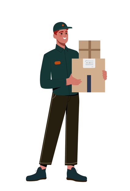 Vector persona de varios conceptos de profesión mensajero y cargador con cajas de cartón hombre en uniforme verde entrega a domicilio y compras ilustración de vector plano de dibujos animados aislado sobre fondo blanco