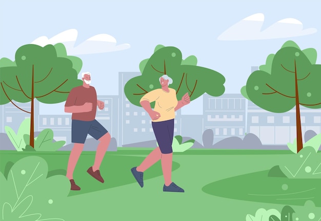 Persona vieja de dibujos animados corriendo en el parque de la ciudad Parella de ancianos corriendo estilo de vida saludable en la jubilación Lugar al aire libre plano escena vectorial de entrenamiento de personas
