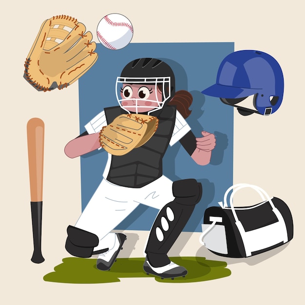 Personaje 2d de atleta de béisbol de receptor de mujer listo para animación con equipamiento deportivo