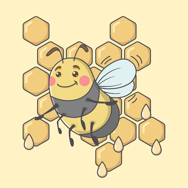 Vector personaje de abeja de dibujos animados lindo con panal de miel