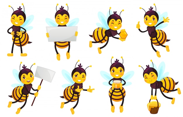 Personaje de abeja de dibujos animados. miel de abejas, lindo abeja voladora y divertido conjunto de ilustración de mascota de abeja amarilla