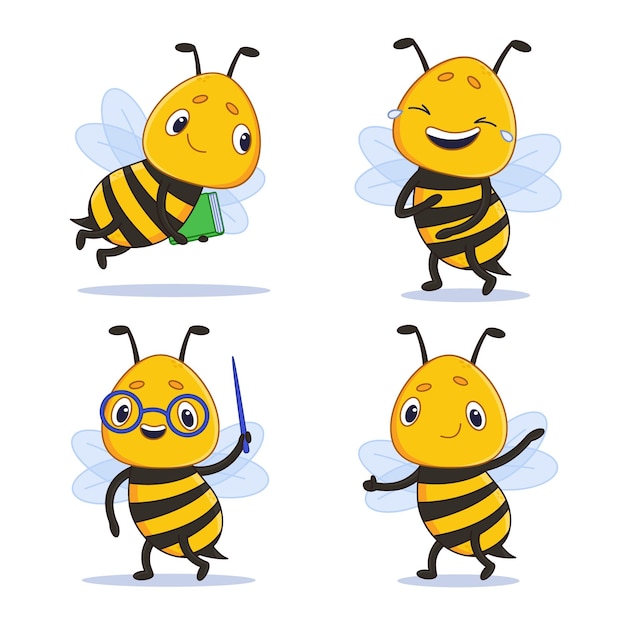 Personaje de abeja de dibujos animados volando con libro riendo enseñando y sosteniendo conjunto de puntero