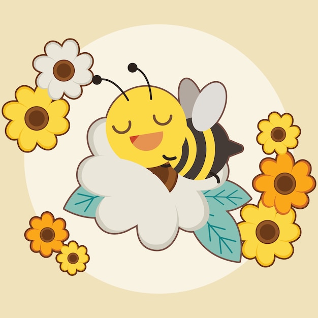 El personaje de abeja linda durmiendo en la flor blanca con flor naranja y amarilla