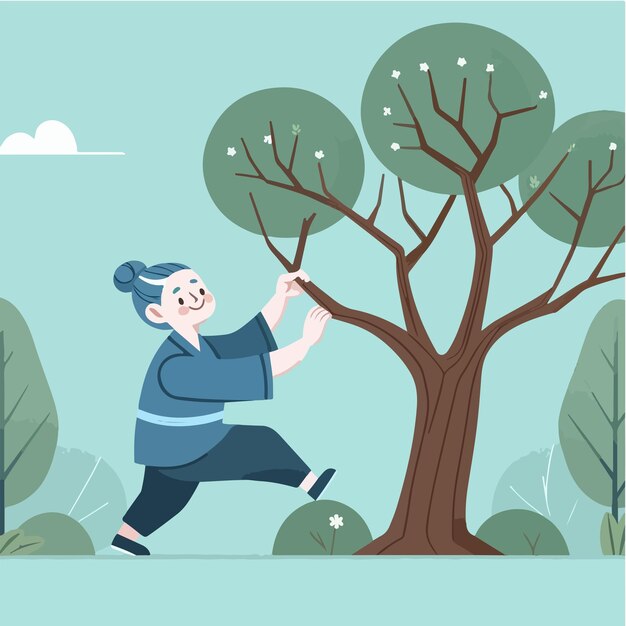 Personaje de la abuela vectorial subiendo a un árbol