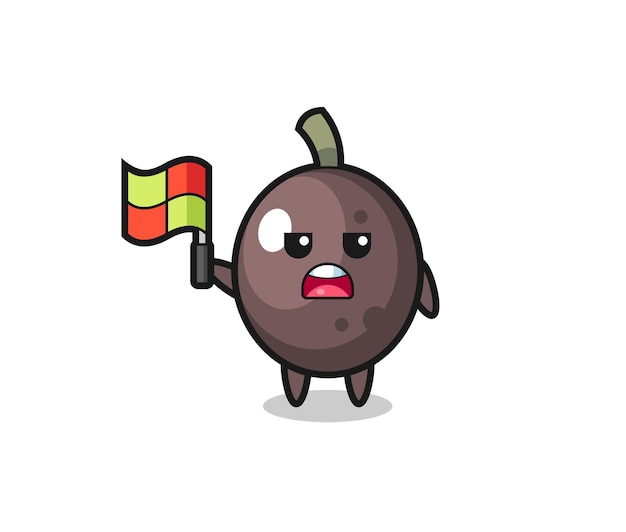 Personaje de aceituna negra como juez de línea levantando la bandera