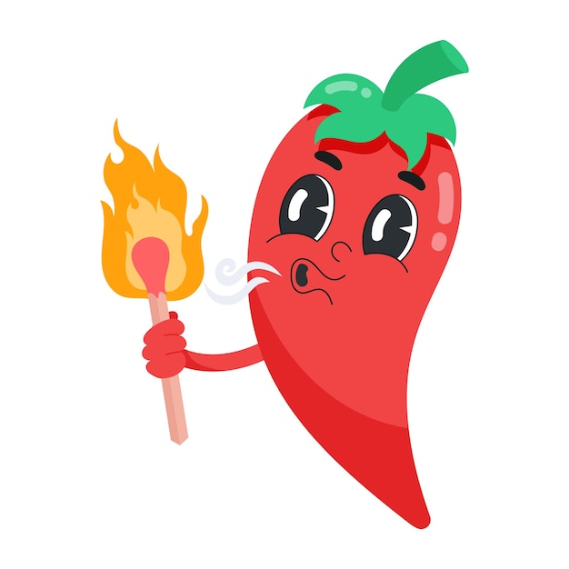 Personaje de ají de dibujos animados sosteniendo una antorcha en llamas.