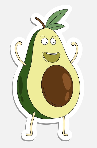 Un personaje alegre de aguacate en estilo doodle, icono de dibujos animados dibujado a mano con trazo, vector de dibujo animado